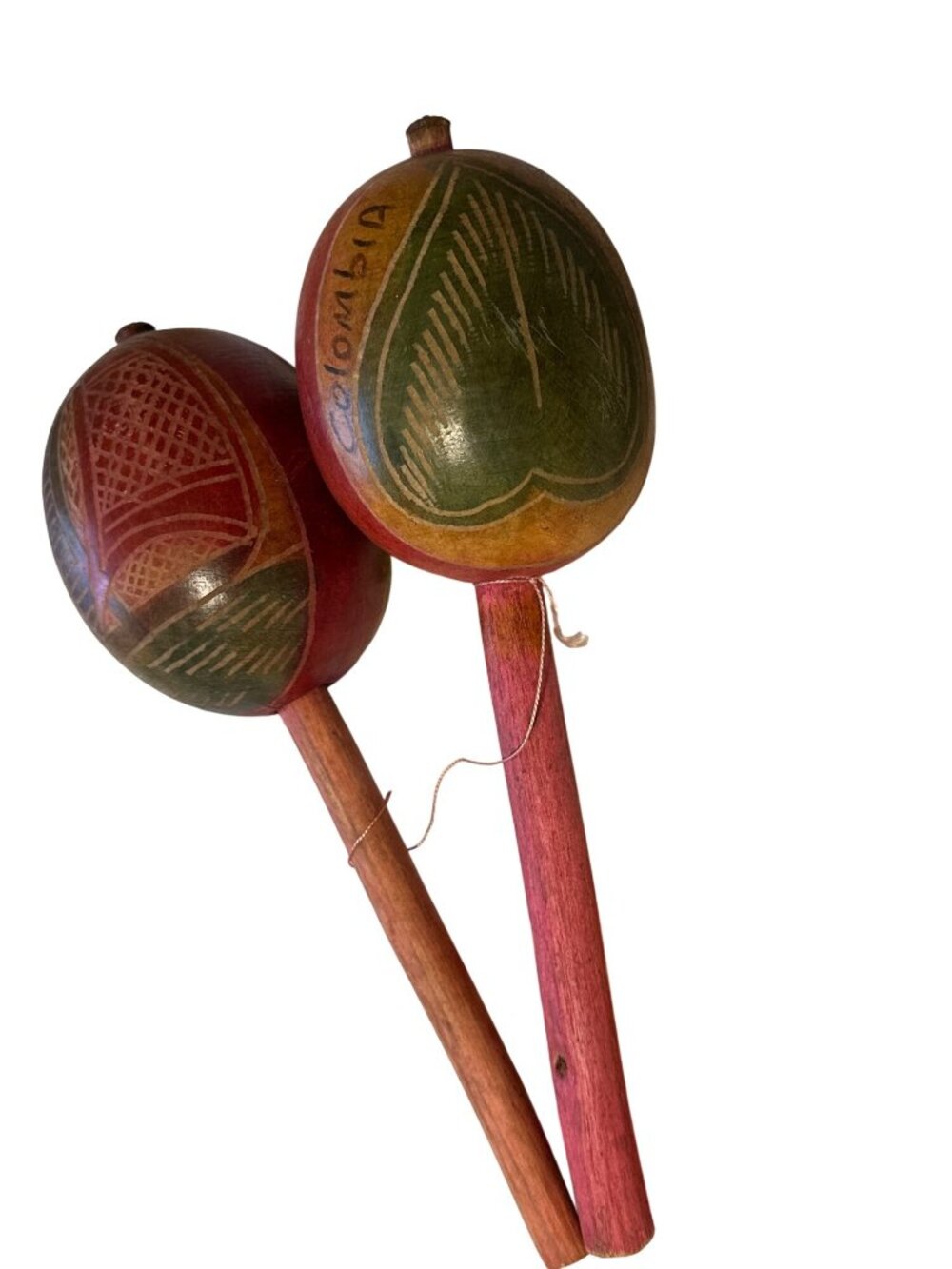 Handcrafted Colombian Maracas With Colorful Carved Gourd Design And Wooden Handl